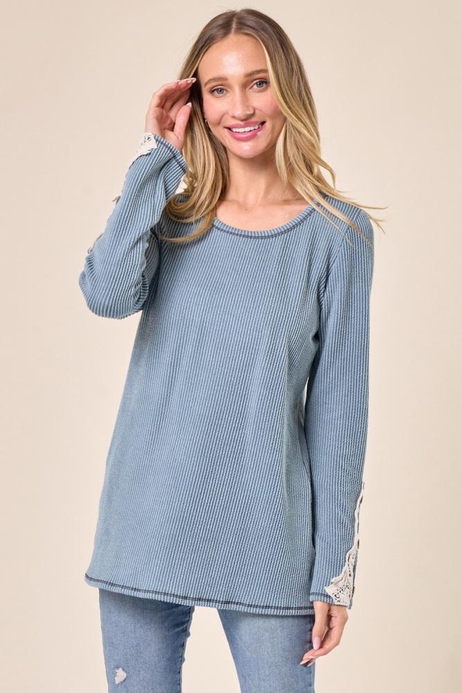 light blue textured rib crochet lace detail long sleeve top
