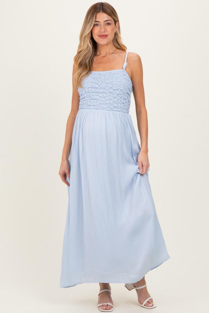 light blue textured smocked maternity maxi dress