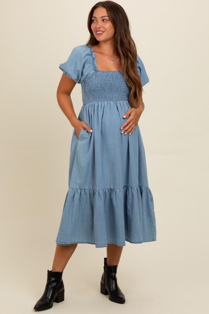 light blue vintage wash chambray smocked maternity midi dress
