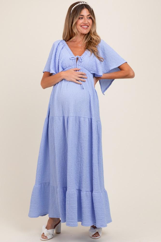 light blue woven textured flutter sleeve v-neck tiered maternity maxi dress