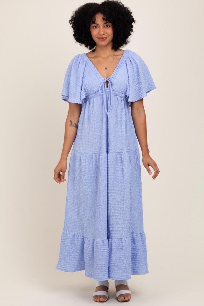light blue woven textured flutter sleeve v-neck tiered maxi dress