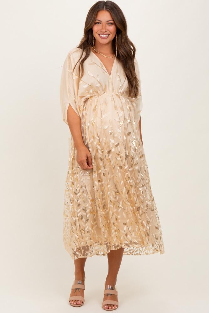 light gold embroidered tulle dolman v-neck maternity midi dress
