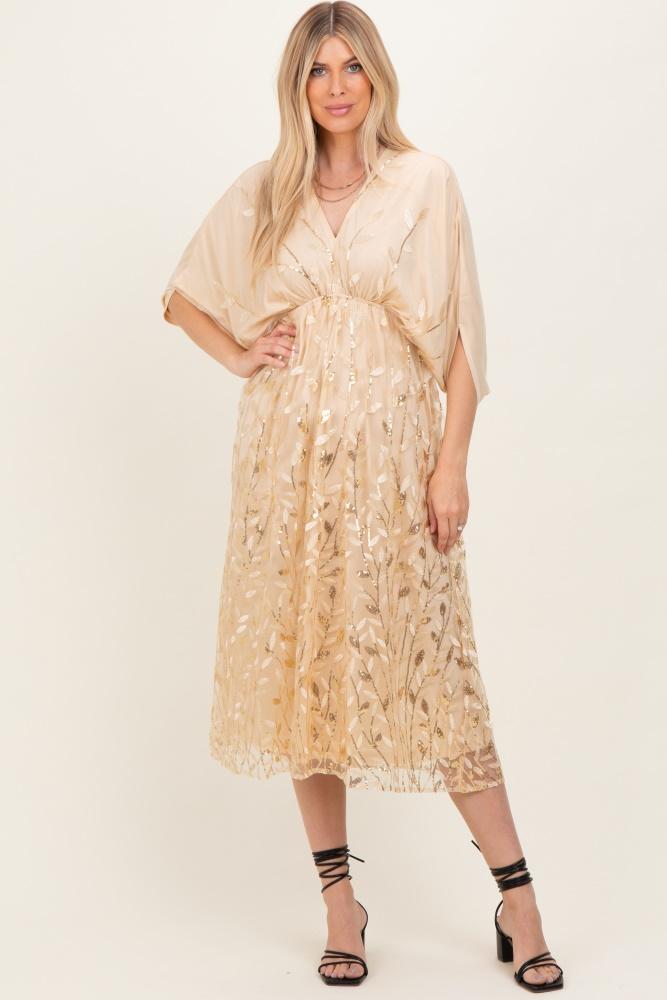 light gold embroidered tulle dolman v-neck midi dress