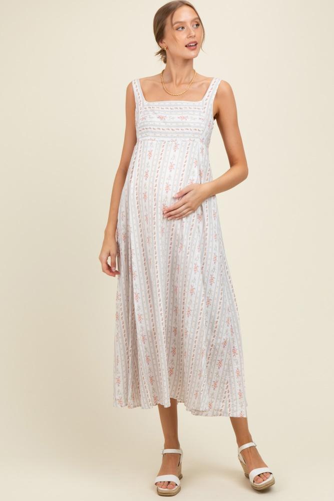 light gray cotton floral square neck sleeveless maternity maxi dress