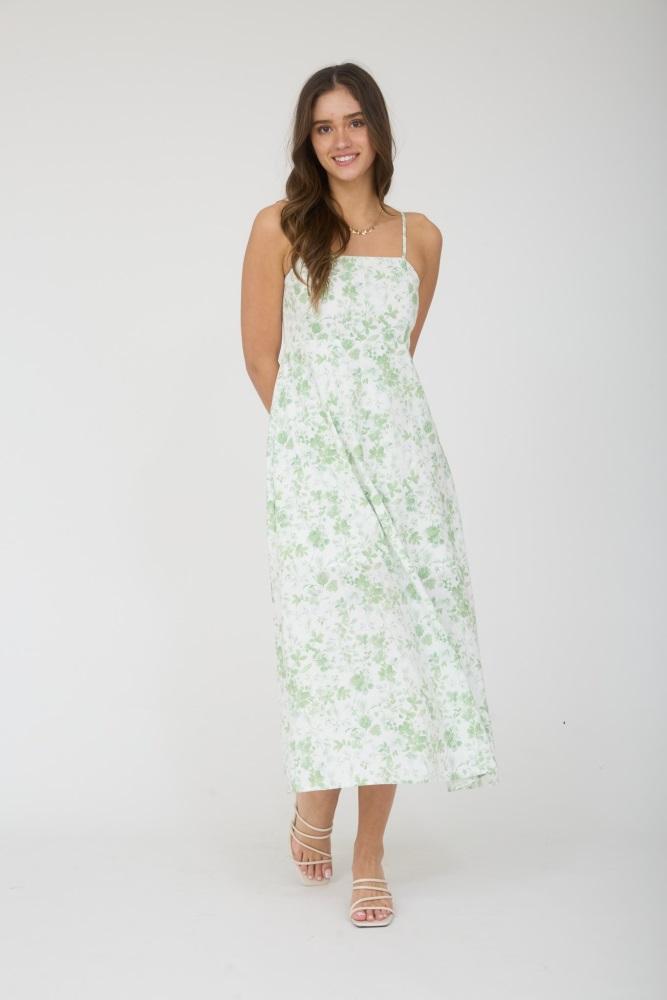 light green floral sleeveless midi dress