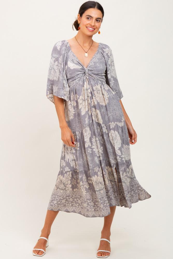 light grey floral twisted front tiered midi dress