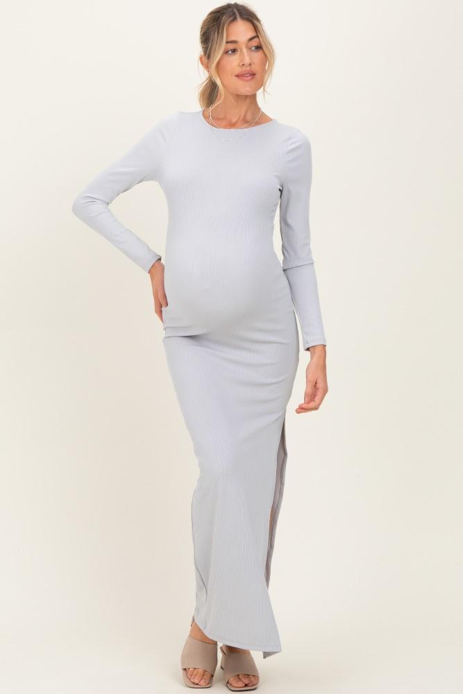 light grey ribbed long sleeve side slit maternity maxi dress