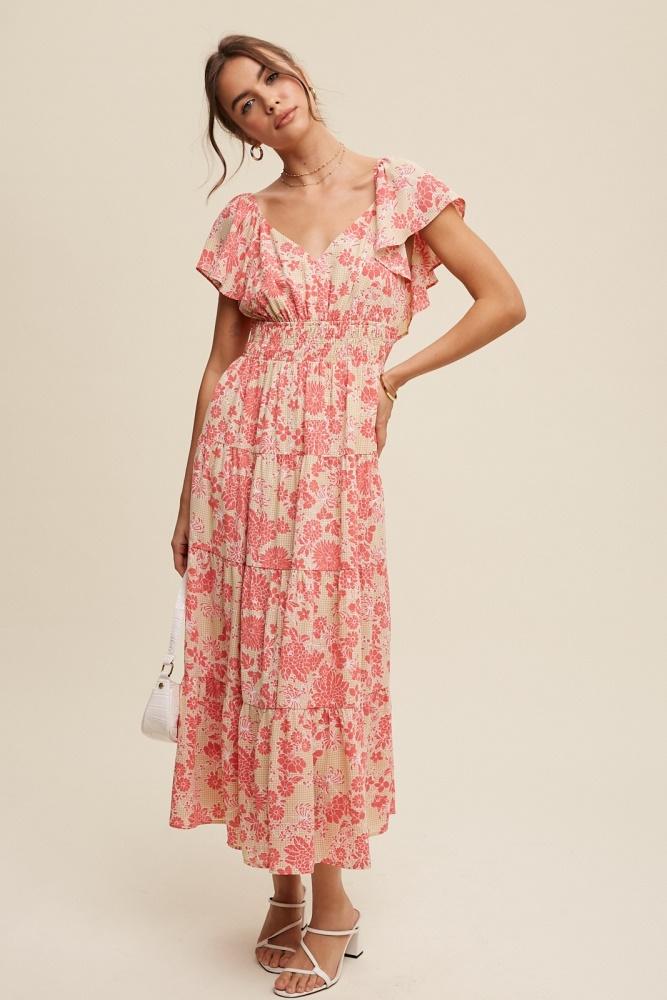 light mustard floral print v-neck ruffle sleeve maxi dress
