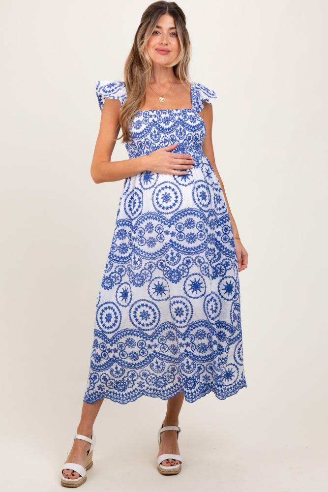 light navy embroidered smocked cutout maternity midi dress