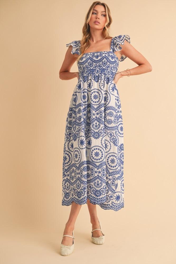 light navy embroidered smocked cutout midi dress