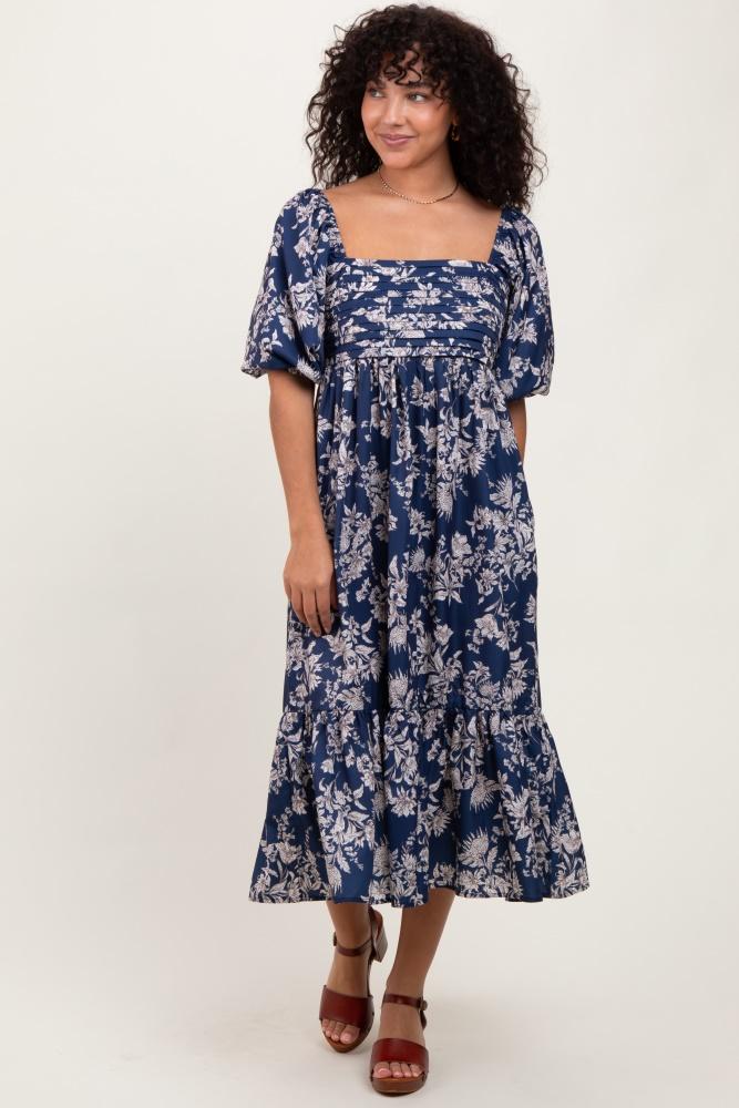 light navy floral pleated bodice midi dress