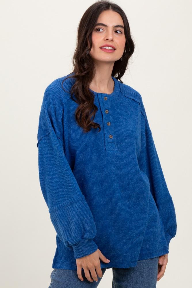 light navy oversized ribbed knit henley sweater