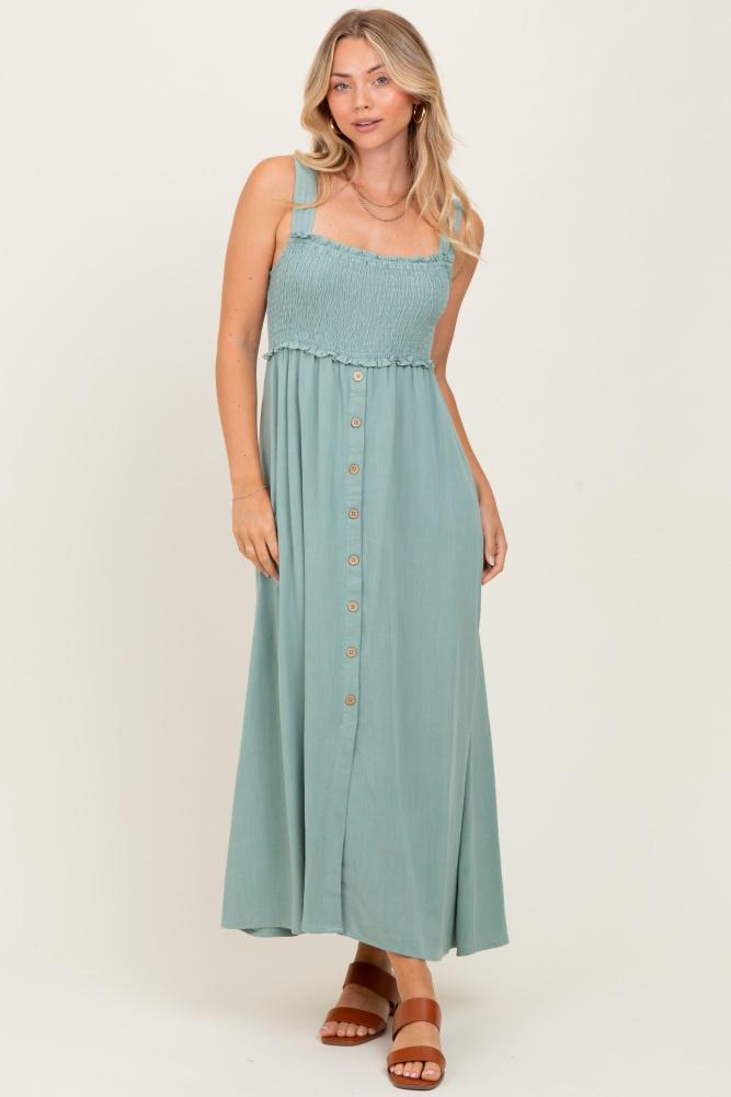 light olive button down smocked dress