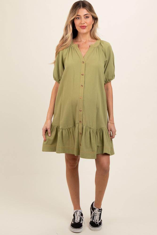 light olive button front short puff sleeve maternity dress