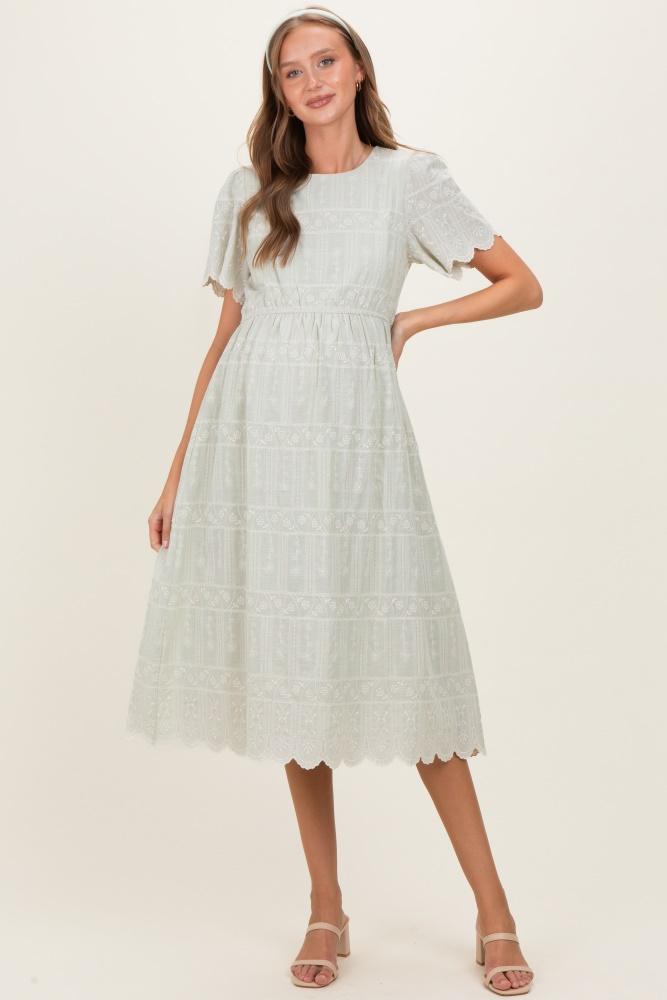 light olive embroidered floral maternity midi dress