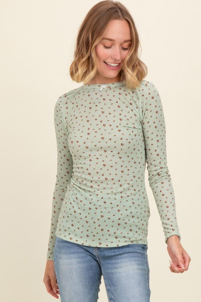 light olive floral bow detail long sleeve fitted top