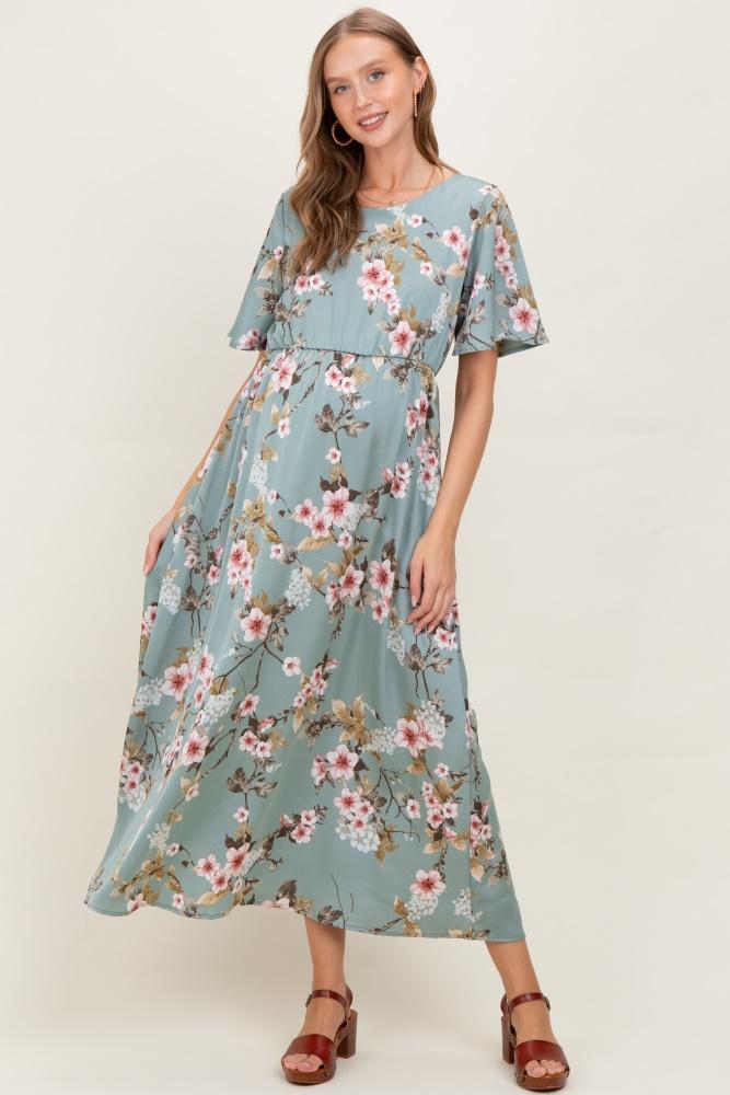 light olive floral flutter sleeve maternity maxi dress