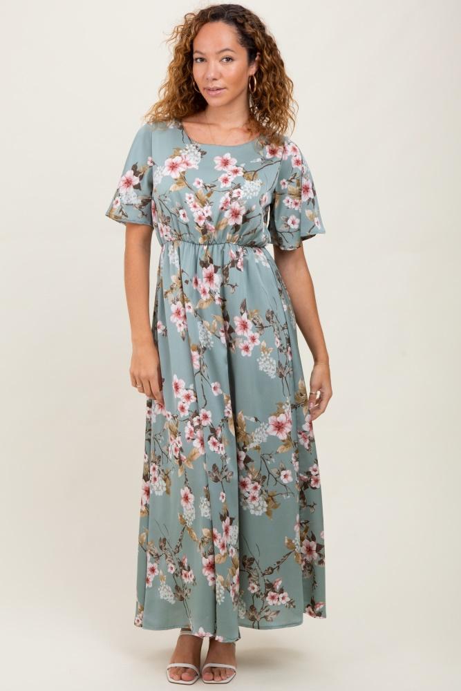 light olive floral flutter sleeve maxi dress