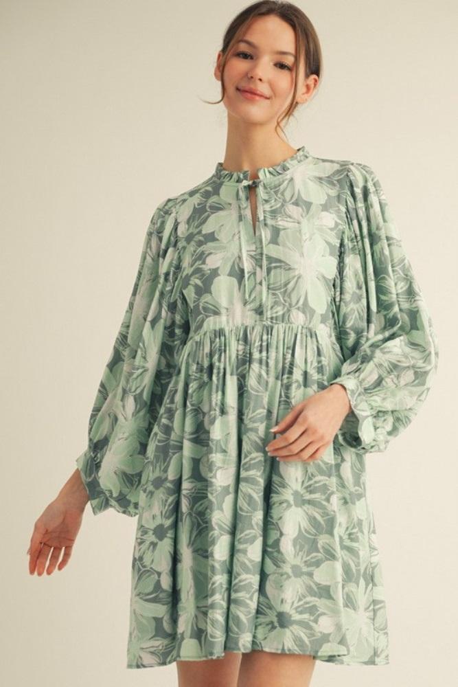 light olive floral front tie bubble sleeve mini dress