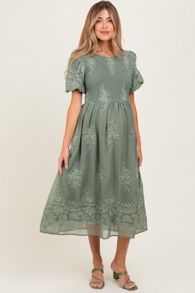 light olive floral lace smocked maternity midi dress