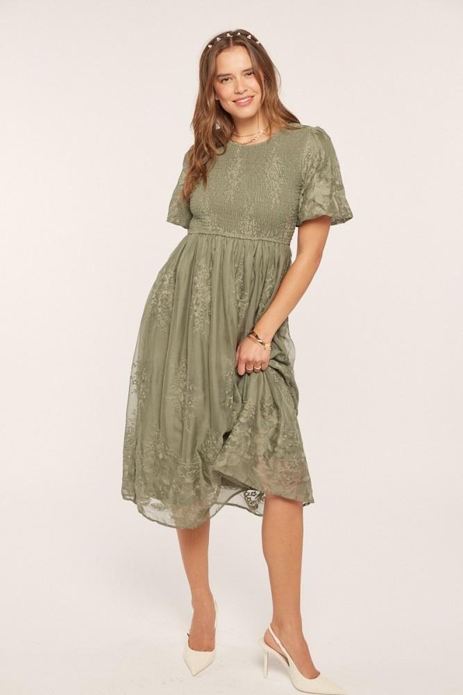 light olive floral lace smocked midi dress