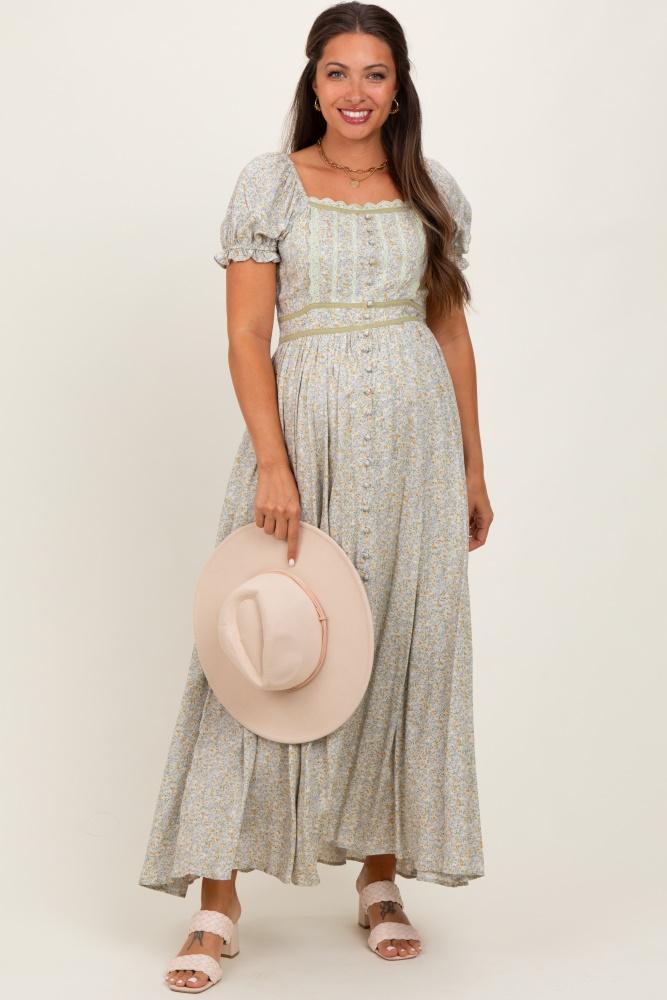 light olive floral lace trim maternity maxi dress