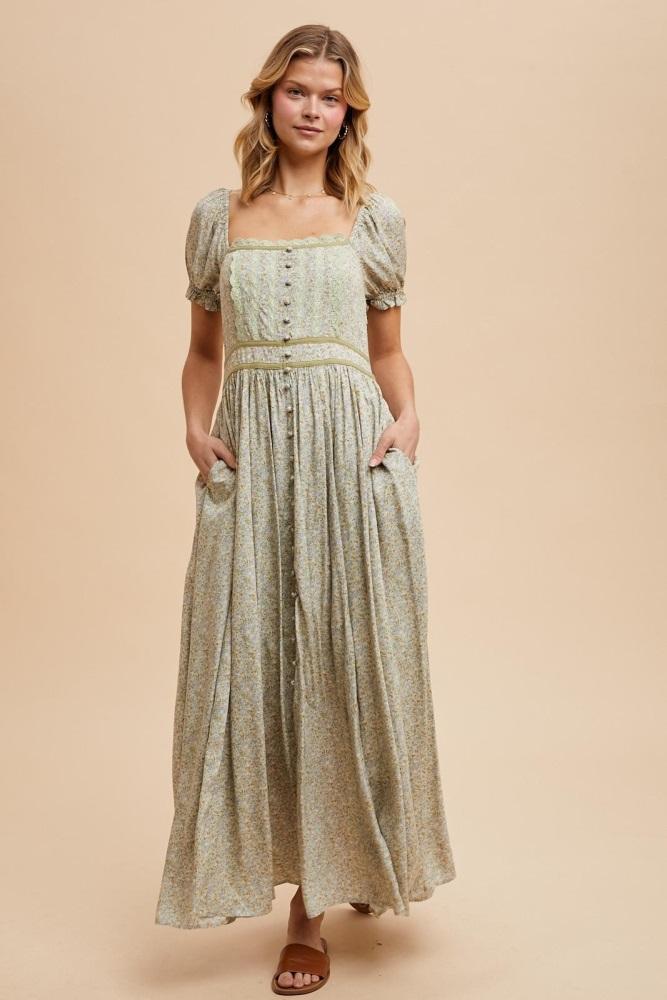 light olive floral lace trim maxi dress