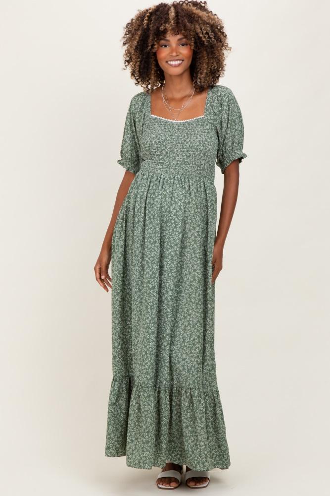 light olive floral lace trim smocked maternity maxi dress