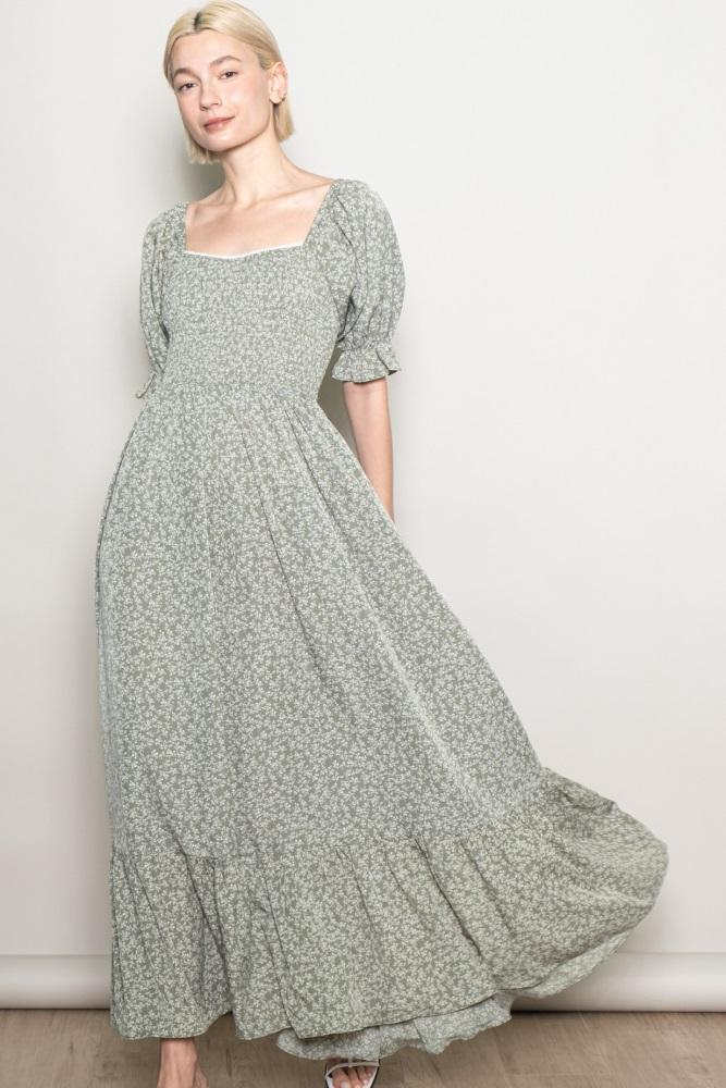 light olive floral lace trim smocked maxi dress