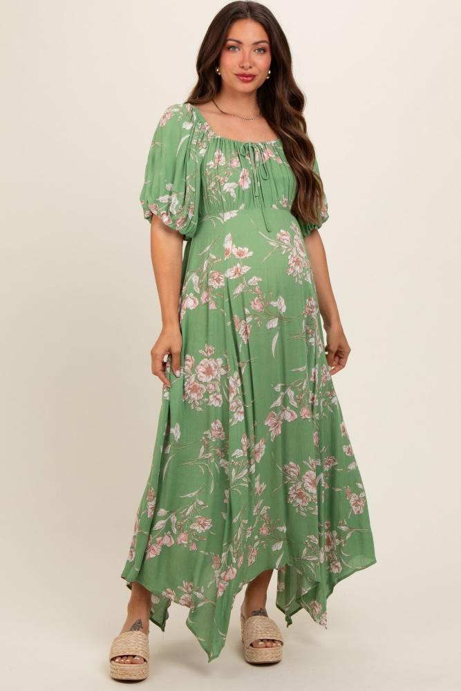 light olive floral puff sleeve maternity maxi dress