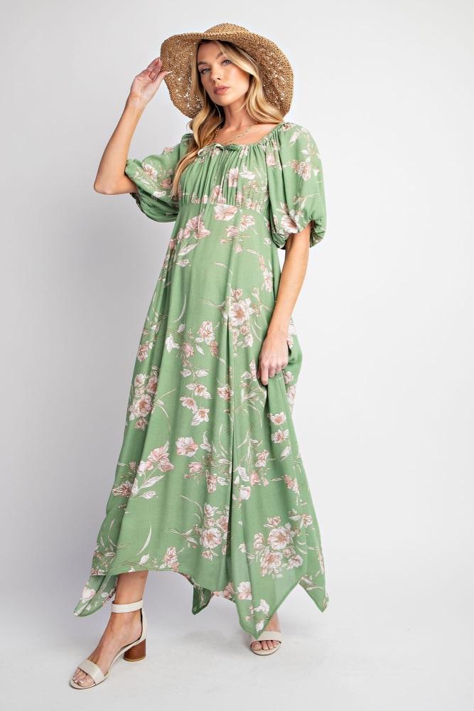light olive floral puff sleeve maxi dress