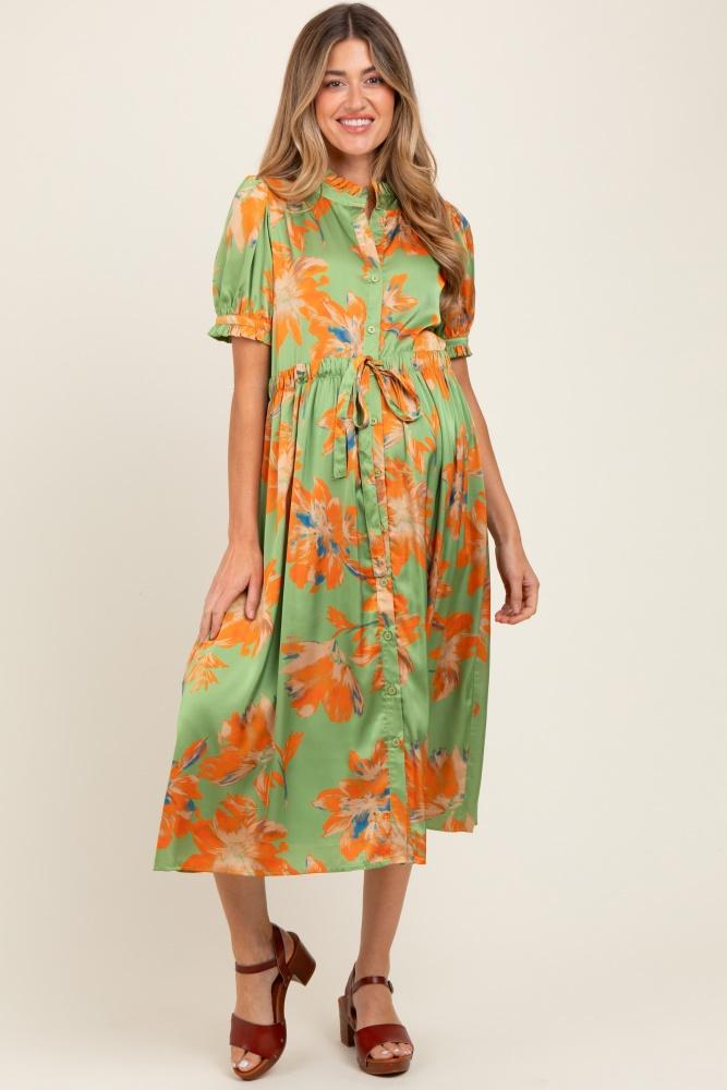 light olive floral satin button down maternity midi dress
