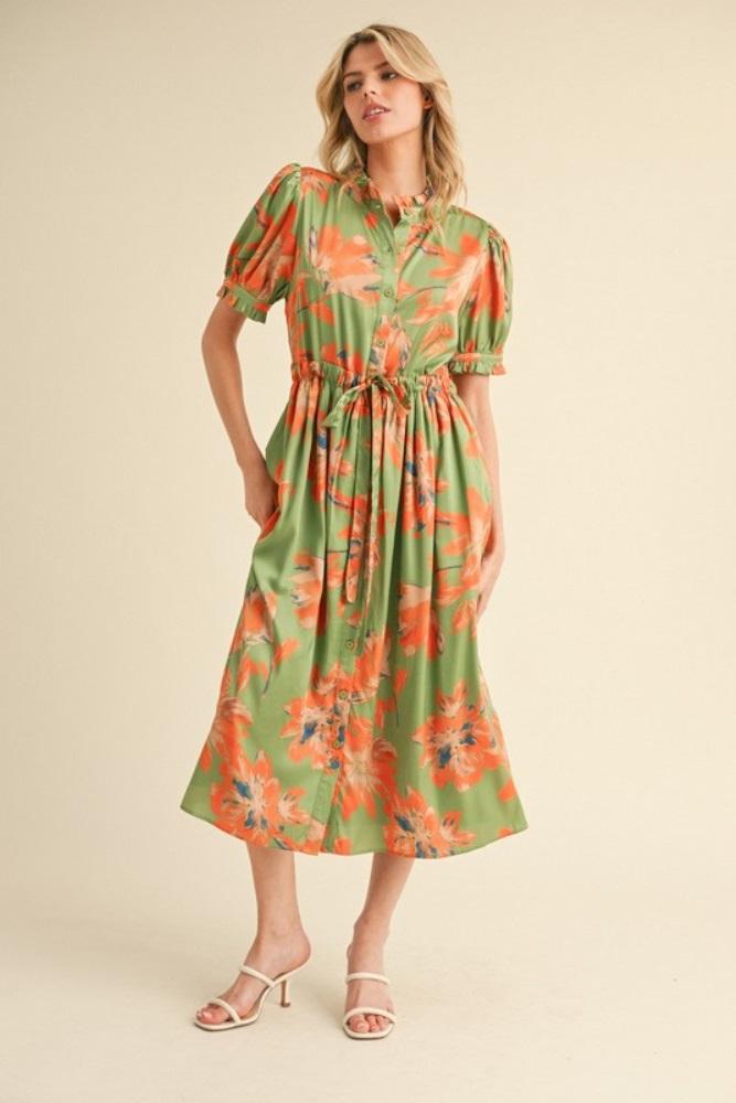 light olive floral satin button down midi dress