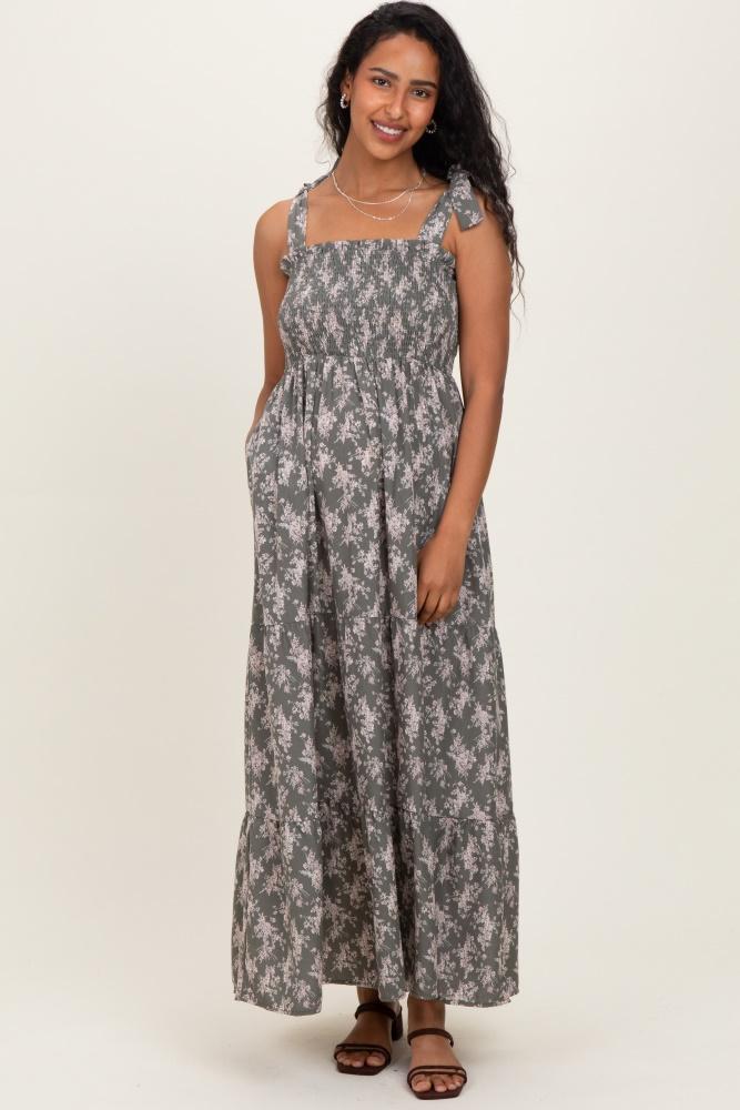 light olive floral shoulder tie maternity maxi dress