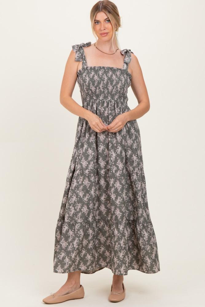 light olive floral shoulder tie maxi dress
