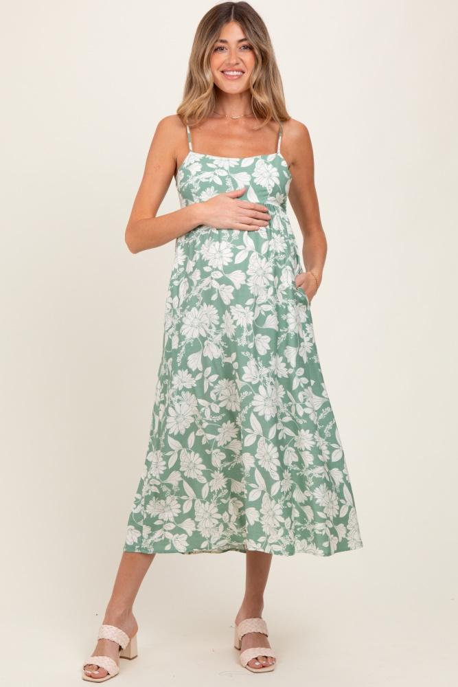 light olive floral sleeveless maternity midi dress