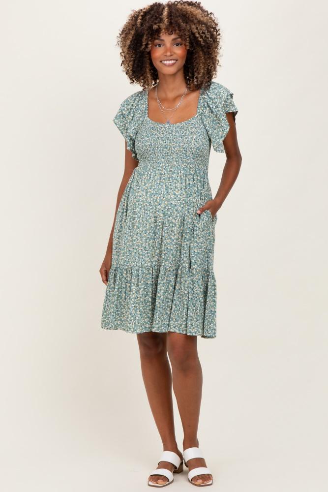 light olive floral smocked flutter sleeve maternity dress