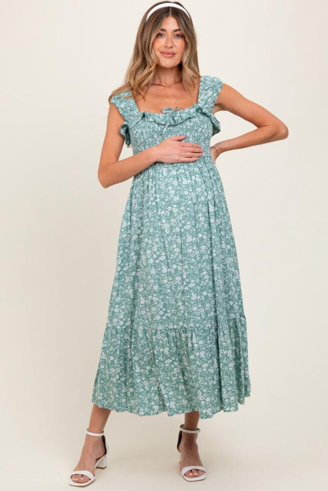 light olive floral smocked ruffle detail maternity midi dress