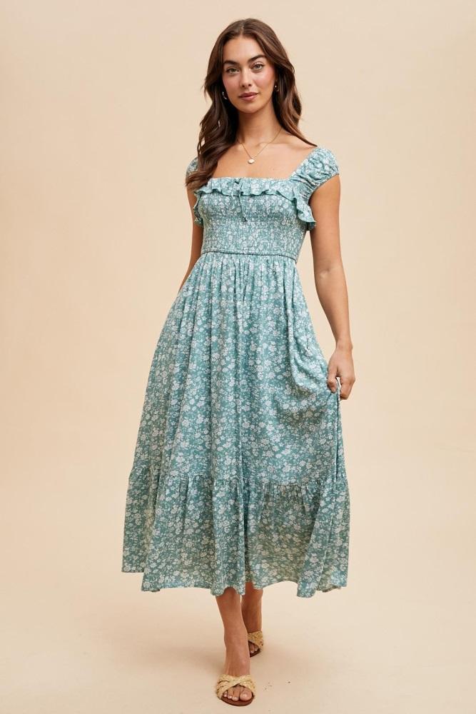light olive floral smocked ruffle detail midi dress