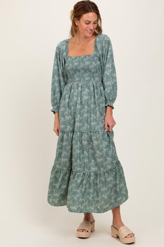 light olive floral smocked square neck maxi dress