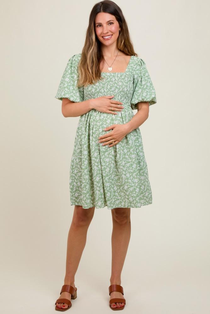 light olive floral smocked tie back maternity dress