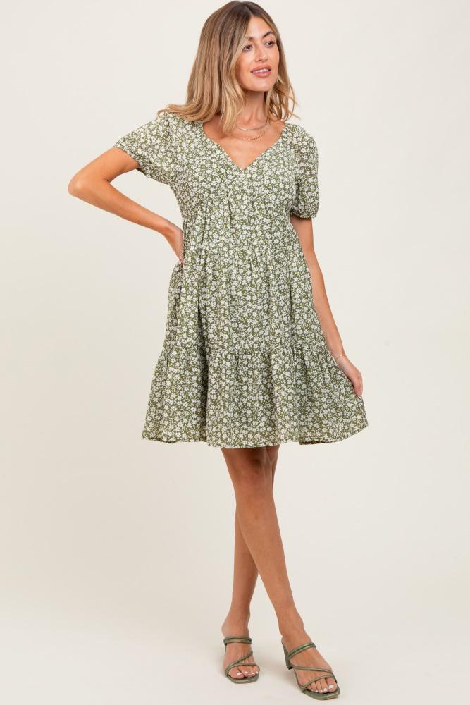 light olive floral tiered v-neck maternity mini dress