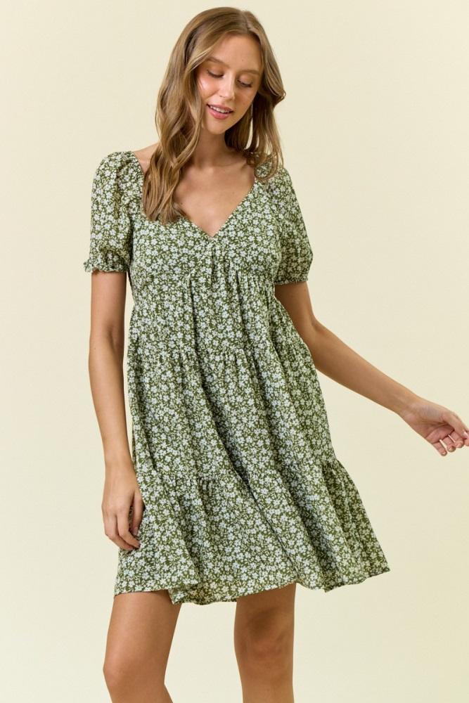light olive floral tiered v-neck mini dress