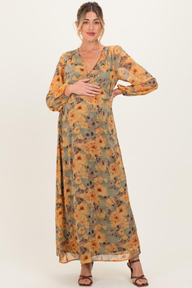 light olive floral v-neck long sleeve maternity midi dress