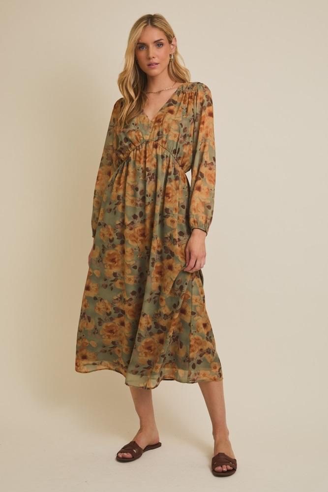 light olive floral v-neck long sleeve midi dress