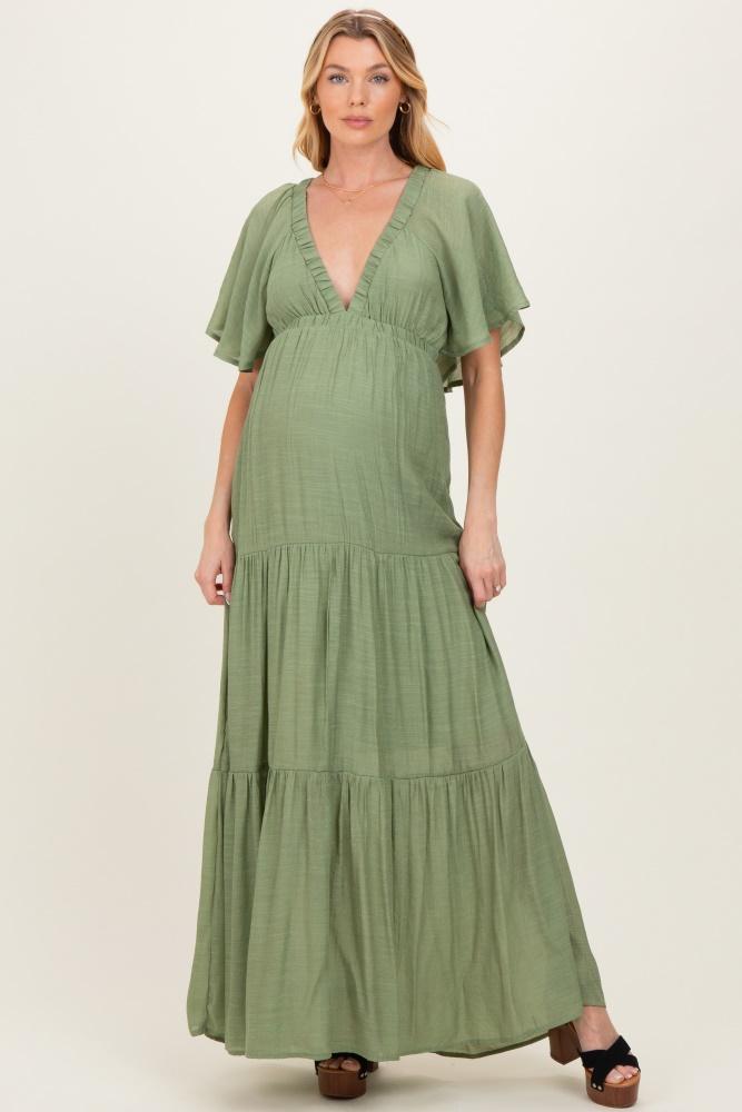 light olive flutter sleeve maternity maxi dress