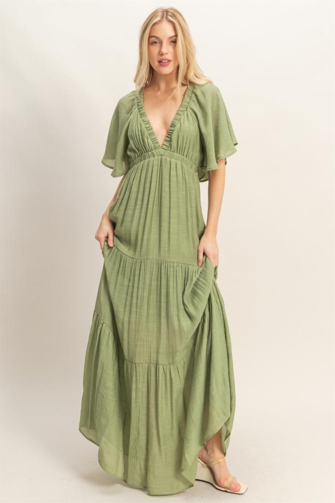 light olive flutter sleeve maxi dress