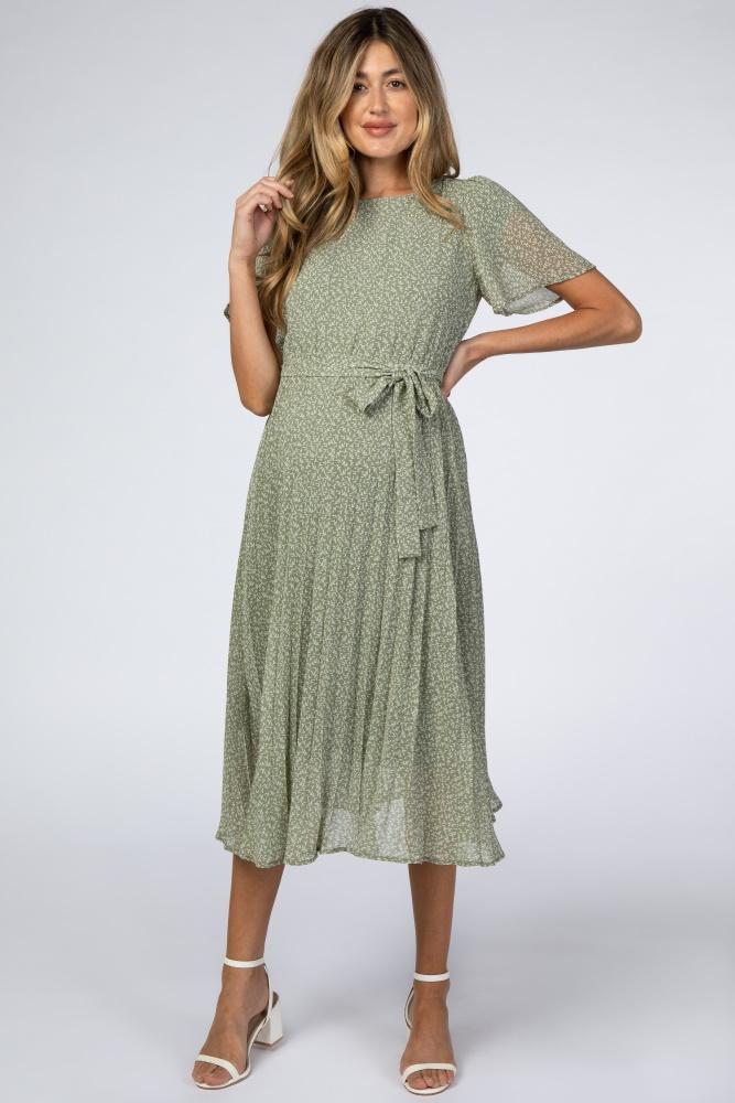 light olive leaf print pleated maternity midi dress