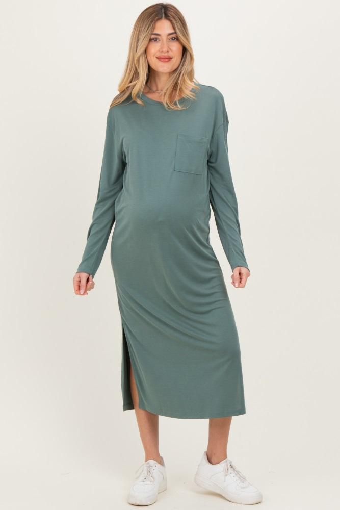 light olive oversized long sleeve maternity midi dress