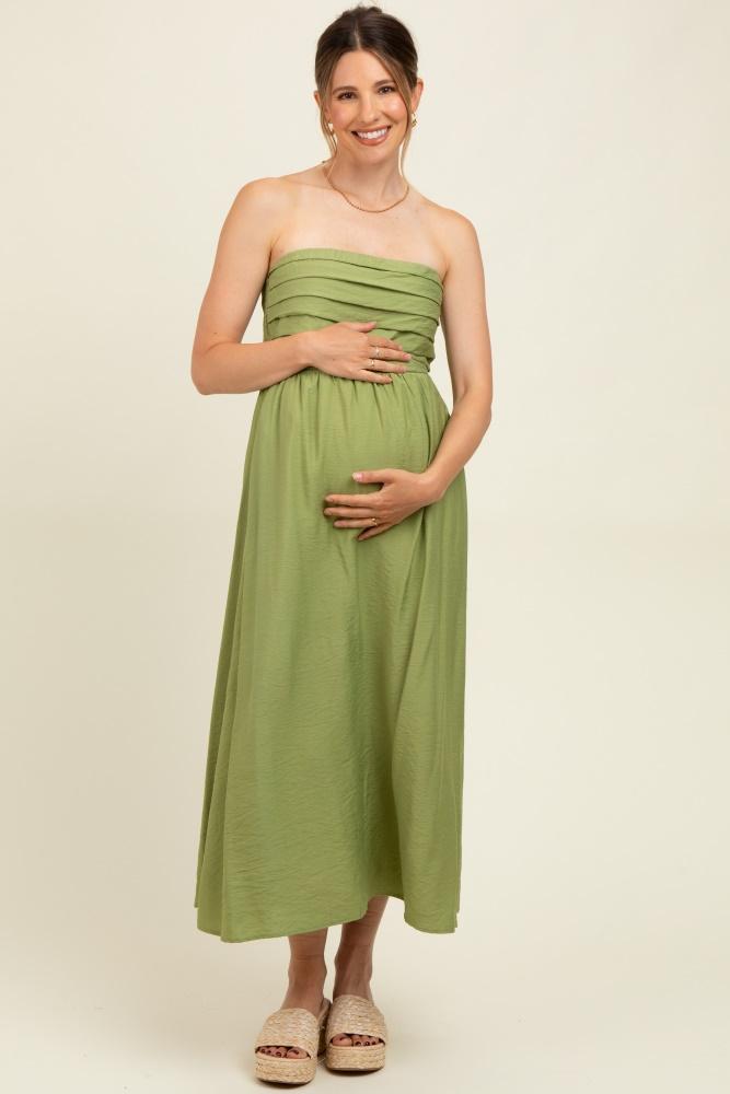 light olive pleated bodice strapless maternity midi dress
